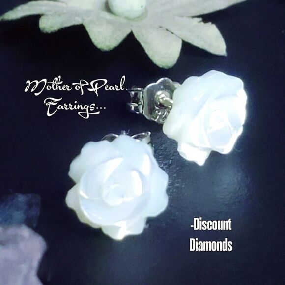 Mother of Pearl Jewelry - Natural White Mother Of Pearl Camellia Flower Earrings On 925 Sterling Silver